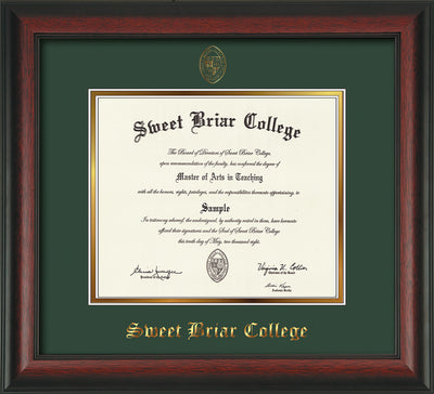 Image of Sweet Briar College Diploma Frame - Rosewood - w/Embossed SBC Seal & Name - Green on Gold mat
