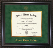 Image of Sweet Briar College Diploma Frame - Vintage Black Scoop - w/Embossed SBC Seal & Name - Green Suede on Gold mat
