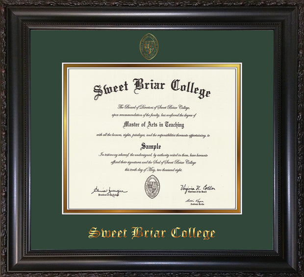 Image of Sweet Briar College Diploma Frame - Vintage Black Scoop - w/Embossed SBC Seal & Name - Green on Gold mat