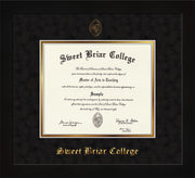 Image of Sweet Briar College Diploma Frame - Flat Matte Black - w/Embossed SBC Seal & Name - Black Suede on Gold mat