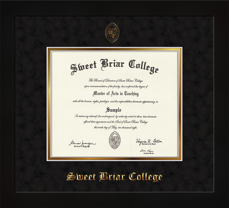 Image of Sweet Briar College Diploma Frame - Flat Matte Black - w/Embossed SBC Seal & Name - Black Suede on Gold mat