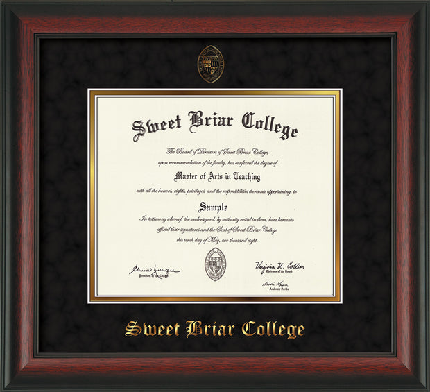 Image of Sweet Briar College Diploma Frame - Rosewood - w/Embossed SBC Seal & Name - Black Suede on Gold mat