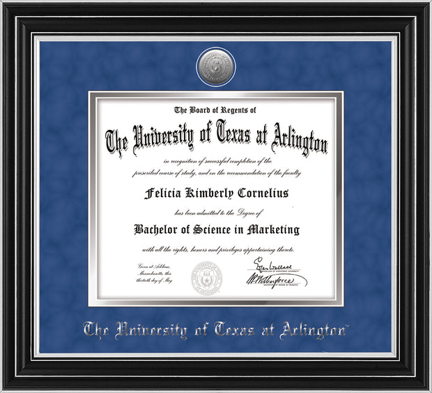 Image of University of Texas - Arlington Diploma Frame - Satin Silver - w/Silver-Plated Medallion UTA Name Embossing - Royal Blue Suede on Silver mats