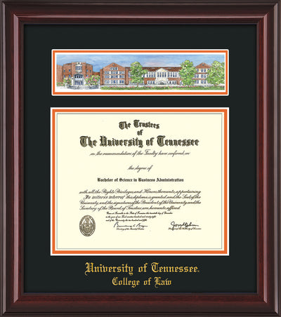 Image of University of Tennessee Diploma Frame - Mahogany Lacquer - w/Embossed College of Law Name Only - Campus Collage - Black on Orange mat