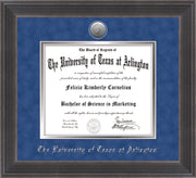 Image of University of Texas - Arlington Diploma Frame - Metro Antique Pewter - w/Silver-Plated Medallion UTA Name Embossing - Royal Blue Suede on Silver mats