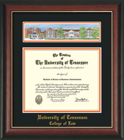 Image of University of Tennessee Diploma Frame - Rosewood w/Gold Lip - w/Embossed College of Law Name Only - Campus Collage - Black on Orange mat