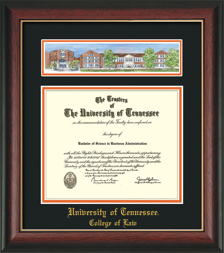 Image of University of Tennessee Diploma Frame - Rosewood w/Gold Lip - w/Embossed College of Law Name Only - Campus Collage - Black on Orange mat