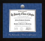 Image of University of Texas - Arlington Diploma Frame - Flat Matte Black - w/Silver-Plated Medallion UTA Name Embossing - Royal Blue Suede on Silver mats