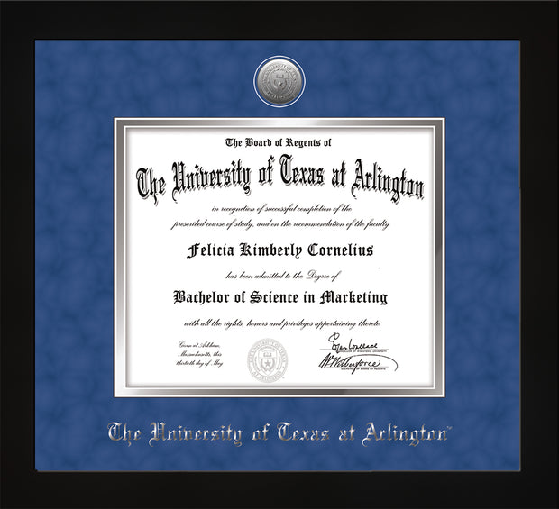 Image of University of Texas - Arlington Diploma Frame - Flat Matte Black - w/Silver-Plated Medallion UTA Name Embossing - Royal Blue Suede on Silver mats