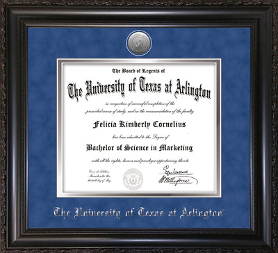 Image of University of Texas - Arlington Diploma Frame - Vintage Black Scoop - w/Silver-Plated Medallion UTA Name Embossing - Royal Blue Suede on Silver mats