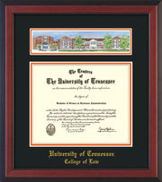 Image of University of Tennessee Diploma Frame - Cherry Reverse - w/Embossed College of Law Name Only - Campus Collage - Black on Orange mat
