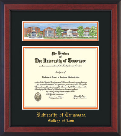 Image of University of Tennessee Diploma Frame - Cherry Reverse - w/Embossed College of Law Name Only - Campus Collage - Black on Orange mat