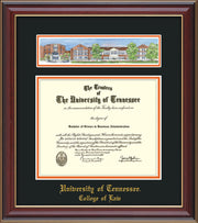 Image of University of Tennessee Diploma Frame - Cherry Lacquer - w/Embossed College of Law Name Only - Campus Collage - Black on Orange mat