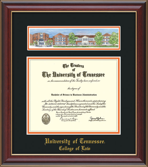 Image of University of Tennessee Diploma Frame - Cherry Lacquer - w/Embossed College of Law Name Only - Campus Collage - Black on Orange mat