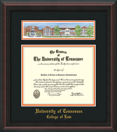 Image of University of Tennessee Diploma Frame - Mahogany Braid - w/Embossed College of Law Name Only - Campus Collage - Black on Orange mat