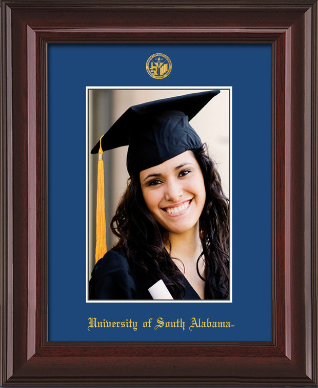Image of University of South Alabama - 5 x 7 Photo Frame - Mahogany Lacquer - w/Official Embossing of USA Seal & Name - Single Royal Blue mat