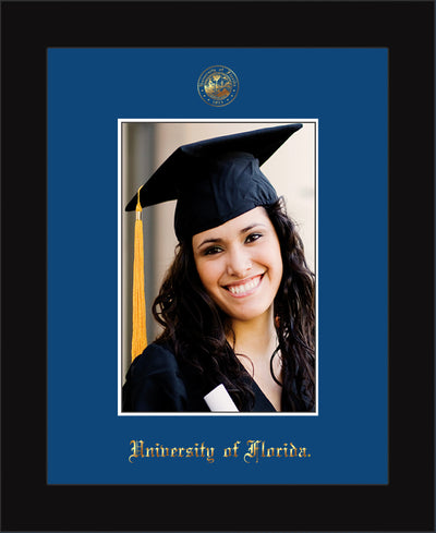 Image of University of Florida 5 x 7 Photo Frame - Flat Matte Black - w/Official Embossing of UF Seal & Name - Single Royal Blue mat