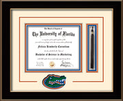 Image of University of Florida Diploma Frame - Black Lacquer - 3D Laser UF Gator Head Logo Cutout - Tassel Holder - Cream on Orange on Royal Blue mat