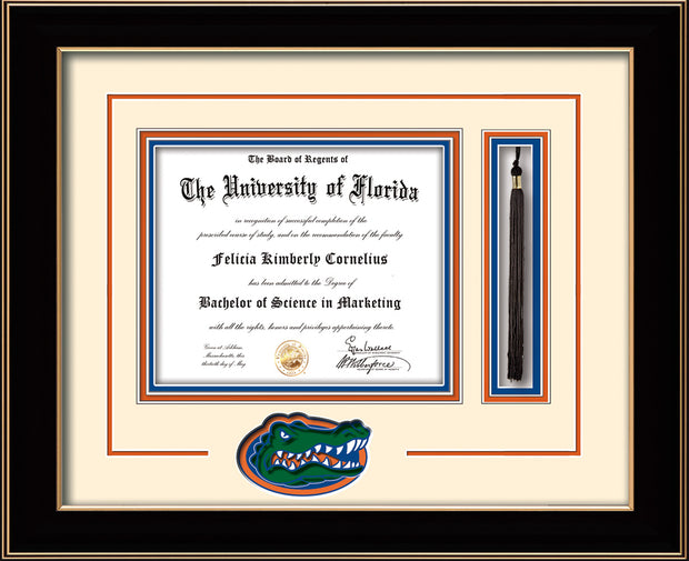 Image of University of Florida Diploma Frame - Black Lacquer - 3D Laser UF Gator Head Logo Cutout - Tassel Holder - Cream on Orange on Royal Blue mat
