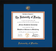 Image of University of Florida Diploma Frame - Flat Matte Black - w/UF Embossed Seal & Name - Royal Blue on Orange mat