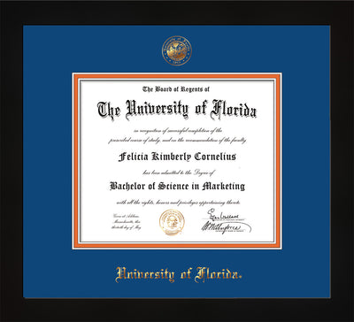 Image of University of Florida Diploma Frame - Flat Matte Black - w/UF Embossed Seal & Name - Royal Blue on Orange mat