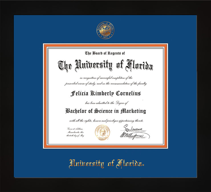 Image of University of Florida Diploma Frame - Flat Matte Black - w/UF Embossed Seal & Name - Royal Blue on Orange mat
