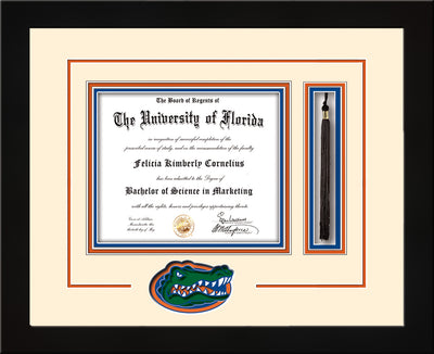 Image of University of Florida Diploma Frame - Flat Matte Black - 3D Laser UF Gator Head Logo Cutout - Tassel Holder - Cream on Orange on Royal Blue mat
