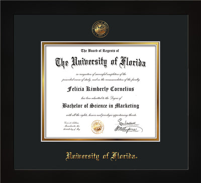 Image of University of Florida Diploma Frame - Flat Matte Black - w/UF Embossed Seal & Name - Black on Gold mat