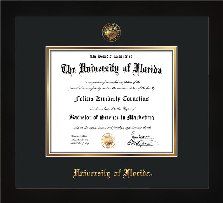 Image of University of Florida Diploma Frame - Flat Matte Black - w/UF Embossed Seal & Name - Black on Gold mat