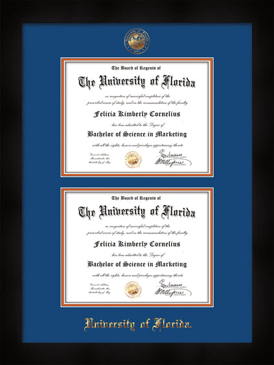 Image of University of Florida Diploma Frame - Flat Matte Black - w/UF Embossed Seal & Name - Double Diploma - Royal Blue on Orange mat