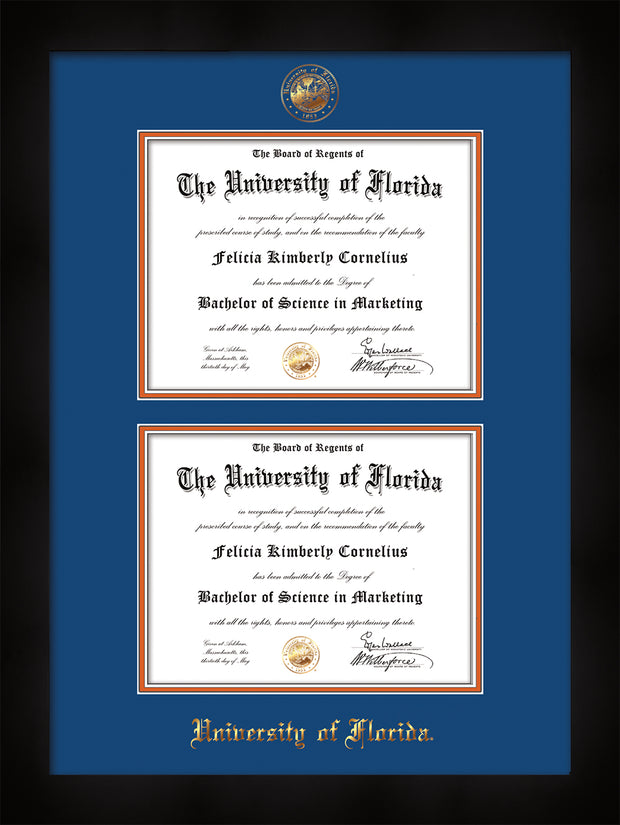 Image of University of Florida Diploma Frame - Flat Matte Black - w/UF Embossed Seal & Name - Double Diploma - Royal Blue on Orange mat