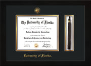 Image of University of Florida Diploma Frame - Flat Matte Black - w/UF Embossed Seal & Name - Tassel Holder - Black on Gold mat