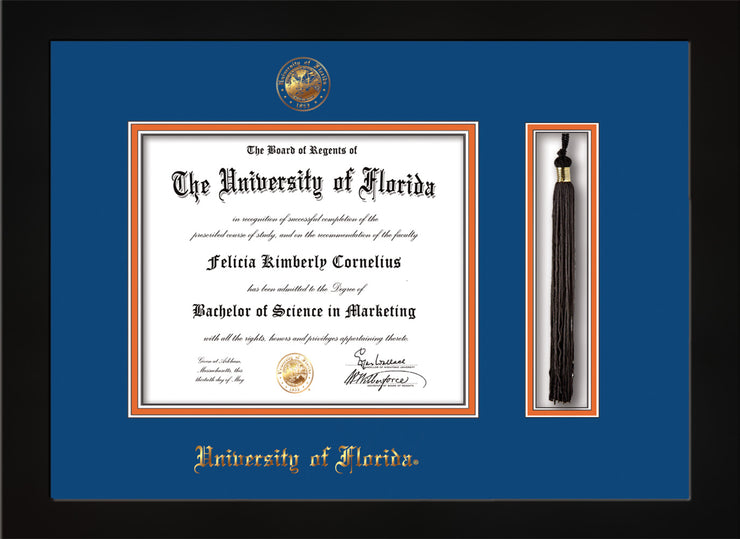 Image of University of Florida Diploma Frame - Flat Matte Black - w/UF Embossed Seal & Name - Tassel Holder - Royal Blue on Orange mat
