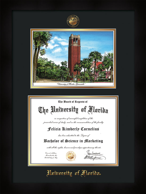 Image of University of Florida Diploma Frame - Flat Matte Black - w/UF Embossed Seal & Name - Campus Watercolor - Black on Gold mat