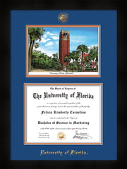 Image of University of Florida Diploma Frame - Flat Matte Black - w/UF Embossed Seal & Name - Campus Watercolor - Royal Blue on Orange mat