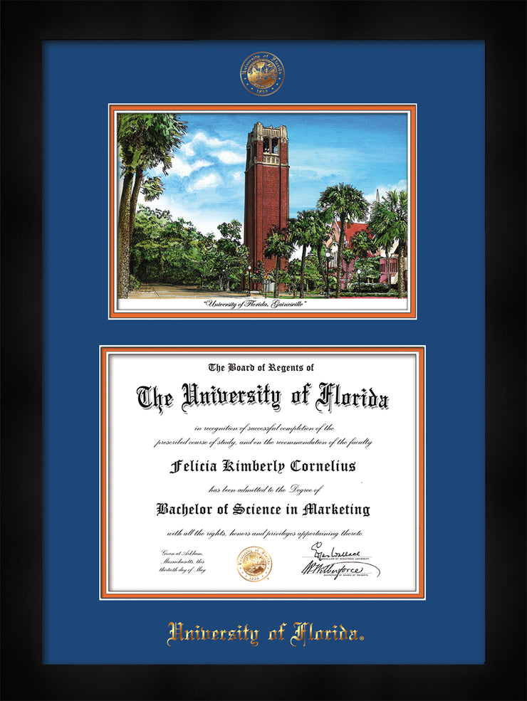 Image of University of Florida Diploma Frame - Flat Matte Black - w/UF Embossed Seal & Name - Campus Watercolor - Royal Blue on Orange mat