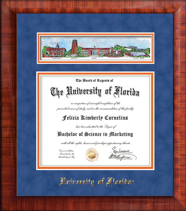 Image of University of Florida Diploma Frame - Mezzo Gloss - w/UF Embossed School Name Only - Campus Collage - Royal Blue Suede on Orange mat