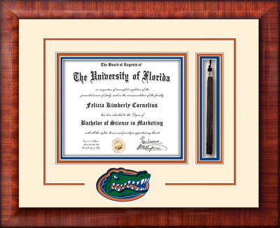 Image of University of Florida Diploma Frame - Mezzo Gloss - 3D Laser UF Gator Head Logo Cutout - Tassel Holder - Cream on Orange on Royal Blue mat