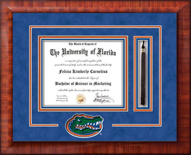 Image of University of Florida Diploma Frame - Mezzo Gloss - 3D Laser UF Gator Head Logo Cutout - Tassel Holder - Royal Blue Suede on Orange on Royal Blue mat