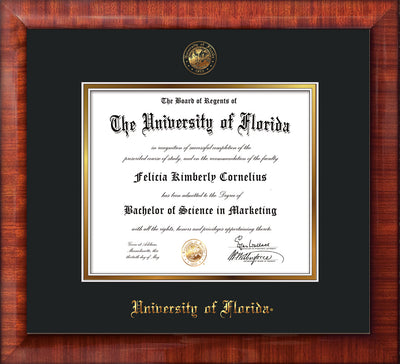 Image of University of Florida Diploma Frame - Mezzo Gloss - w/UF Embossed Seal & Name - Black on Gold mat