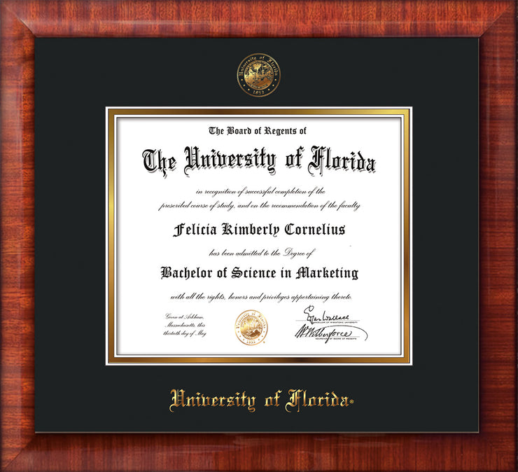 Image of University of Florida Diploma Frame - Mezzo Gloss - w/UF Embossed Seal & Name - Black on Gold mat