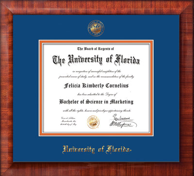 Image of University of Florida Diploma Frame - Mezzo Gloss - w/UF Embossed Seal & Name - Royal Blue on Orange mat