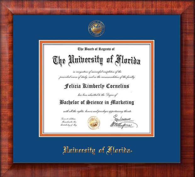 Image of University of Florida Diploma Frame - Mezzo Gloss - w/UF Embossed Seal & Name - Royal Blue on Orange mat