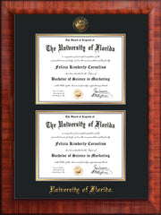 Image of University of Florida Diploma Frame - Mezzo Gloss - w/UF Embossed Seal & Name - Double Diploma - Black on Gold mat