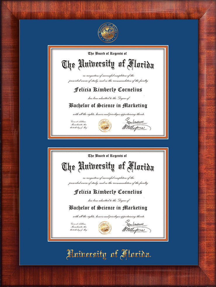 Image of University of Florida Diploma Frame - Mezzo Gloss - w/UF Embossed Seal & Name - Double Diploma - Royal Blue on Orange mat