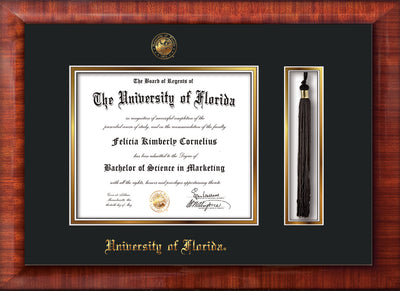 Image of University of Florida Diploma Frame - Mezzo Gloss - w/UF Embossed Seal & Name - Tassel Holder - Black on Gold mat