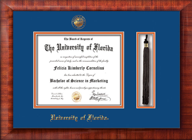 Image of University of Florida Diploma Frame - Mezzo Gloss - w/UF Embossed Seal & Name - Tassel Holder - Royal Blue on Orange mat