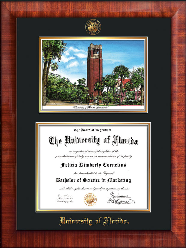 Image of University of Florida Diploma Frame - Mezzo Gloss - w/UF Embossed Seal & Name - Campus Watercolor - Black on Gold mat
