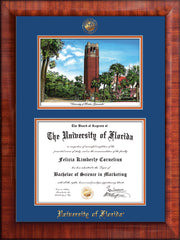 Image of University of Florida Diploma Frame - Mezzo Gloss - w/UF Embossed Seal & Name - Campus Watercolor - Royal Blue on Orange mat