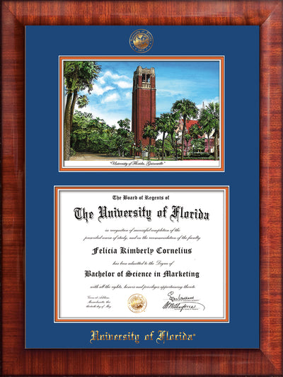 Image of University of Florida Diploma Frame - Mezzo Gloss - w/UF Embossed Seal & Name - Campus Watercolor - Royal Blue on Orange mat